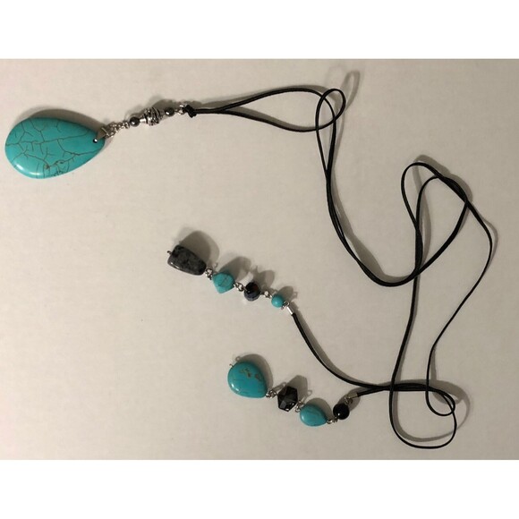 Teardrop Turquoise Lariat necklace with glass and stone beads Silk & Silver Tone - Picture 1 of 12